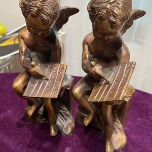 Set of two bookends VINTAGE Brass Bronze CHERUB Angel Statue Writing On Tablet